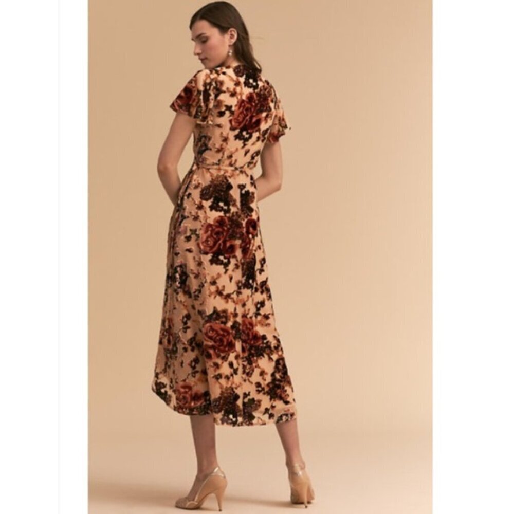 BHLDN Anthro Blush Velvet Burnout Floral Wrap Midi Dress Wedding Bridesmaid MED - Picture 3 of 12
